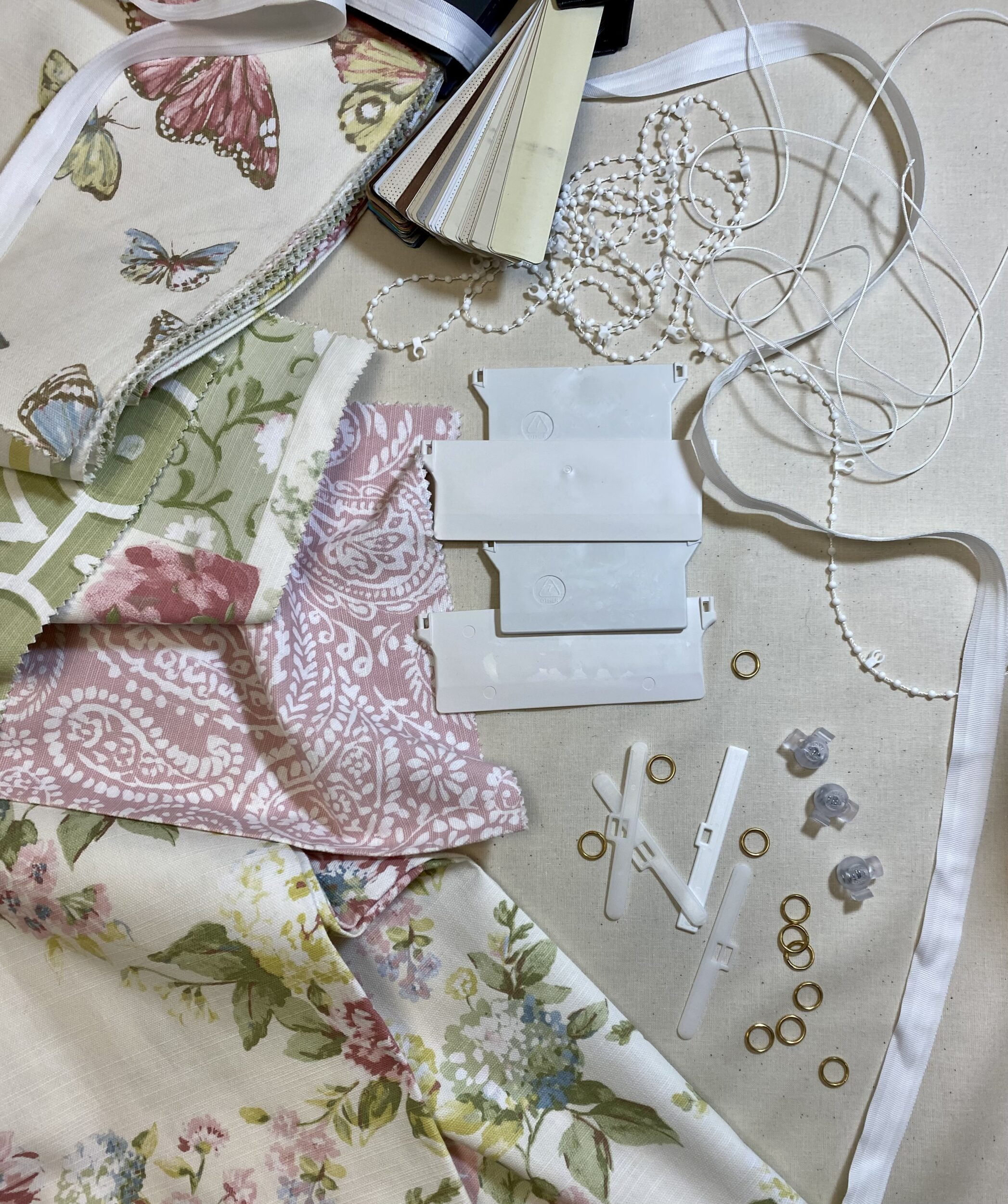 Haberdashery items; fabrics, blind pulleys. Lindsay's Textiles. Blinds, curtains, net curtains, voiles. Warminster, Wiltshire