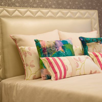Luxury bed, headboard and colourful cushions. Lindsay's Textiles. Blinds, curtains, net curtains, voiles. Warminster, Wiltshire