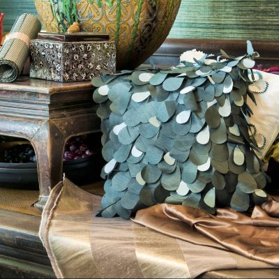 Greens and browns fabrics, cushions. Lindsay's Textiles. Blinds, curtains, net curtains, voiles. Warminster, Wiltshire